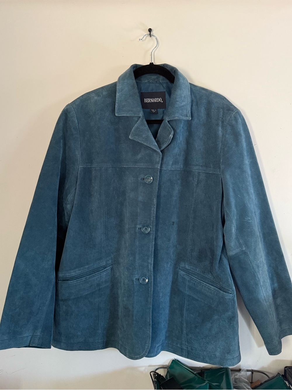 Genuine Leather Suede Dusty Indigo Blue Button Up Collared Jacket by Bernardo